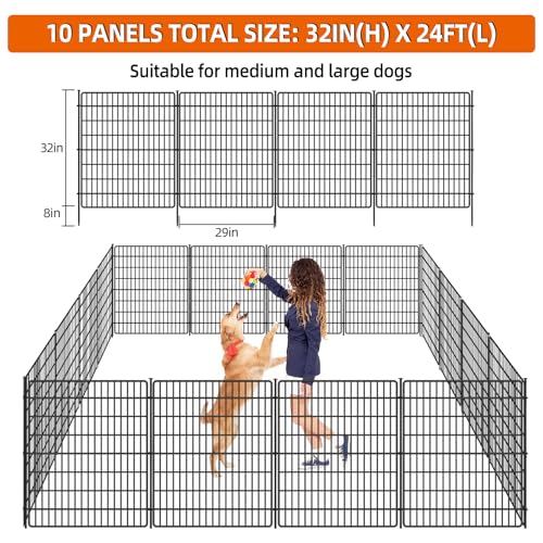 10 Panels No Dig Fence with Gate, 32 in(H) X 24 ft(L) Garden Decorative Fence Animal Barrier for Dogs, Rustproof Metal Garden Edging Border for Outdoor, Yard, Patio, Black - size: 10 Panels 32 in(H) X 24 ft(L) with gate