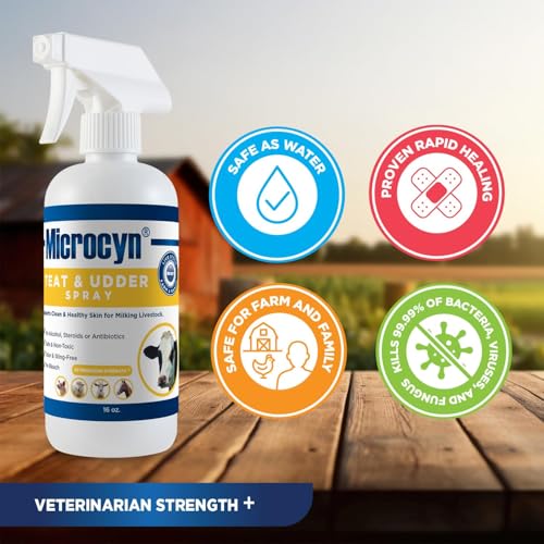 Microcyn Livestock Teat & Udder Spray – 16 oz HOCl-Based Cleansing Spray – Supports Skin Comfort & Moisture for Dairy Cattle, Goats & Livestock