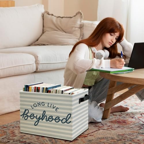 Long Live Boyhood Boys Storage Bins Box with Handles, Light Blue Striped Collapsible Basket Organizer for Kids Boy Nursery Room Bedroom Bathroom Playroom Books Clothes - color: Color12