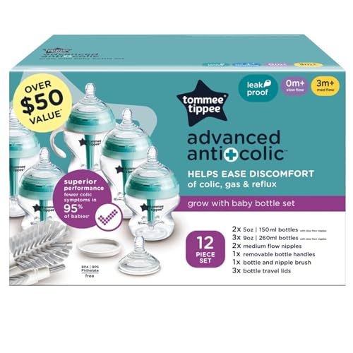 Tommee Tippee Advanced Anti-Colic Baby Bottle Set, Newborn 0m+ | 12 Pieces, 5oz & 9oz BPA Free Bottles, Slow & Medium Flow Breast-Like Nipples, Bottle Handles, Cleaning Brush - color: Clear, 12 Pieces
