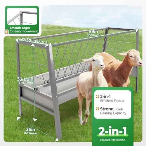 Pasture Hay Feeder 2 in 1 55 Gallon 59 in Livestock Feed Trough | Gallon Feed Pan Hay Grain Livestock Feeder for Sheep, Calf, Cow and Horse - color: Silvery