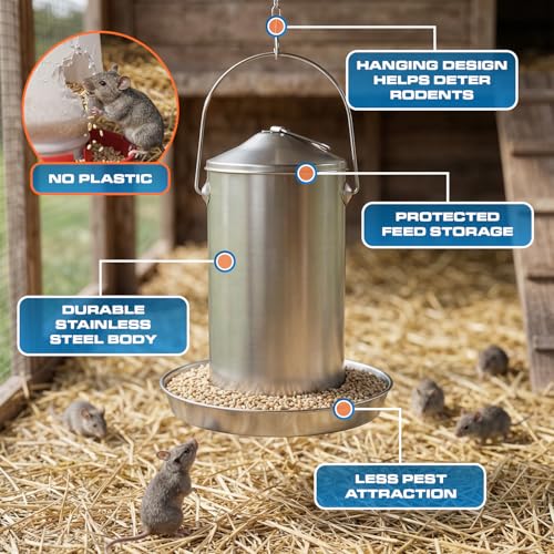 Plexon 8.8 Lb Hanging Chicken Feeder Metal Chicken Feeder with Handle no Waste Food - Stainless Steel - Turkey Duck Poultry Feeder - Heavy Duty Feeding Equipment - Backyard Coop - Large - size: 8.8 LB