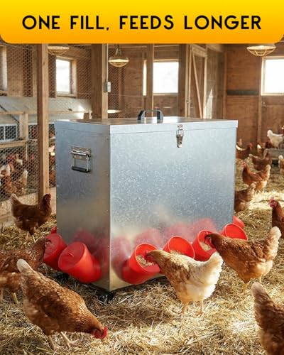 Magicfly 85 lbs Chicken Feeder No Waste, Large Metal Chicken Feeder Box | 12 Bell-Mouth Feeding Port, Grit & Oyster Shell Trough, Chick Feeder on Wheels for Chickens, Ducks - size: 85 lb