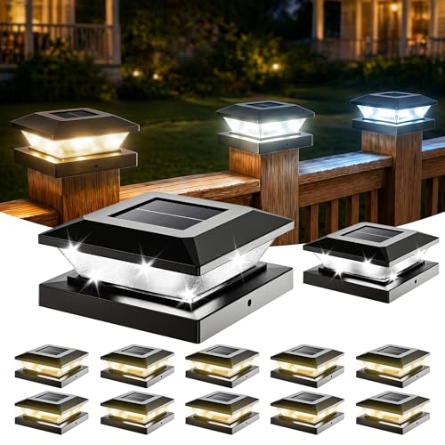 4x4 Solar Post Cap Lights - 12 Pack Fence Deck Post Solar Powered Lights | 3.5x3.5 4x4 Outdoor Postcap Light for Wood/Vinyl Posts, LED Waterproof Patio Porch Posts Lighting, 3 Lighting Modes, Black - size: 12 Pack