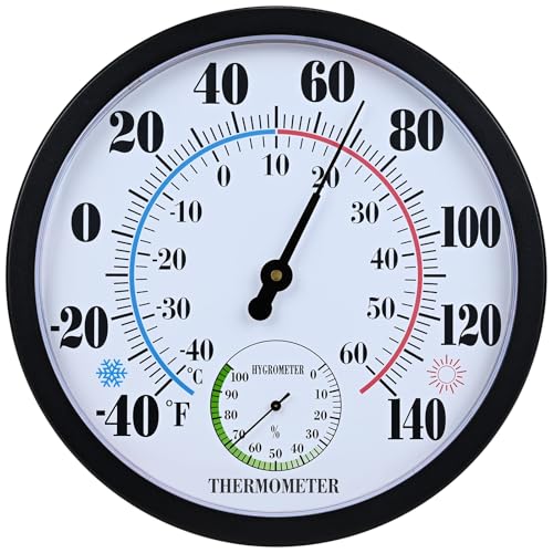 10 Inch Indoor Outdoor Thermometer Hygrometer Combo | Large Dial Analog Temperature Humidity Gauge, Wall Mount Weather Thermometer for Home Patio Greenhouse Garage Room - color: Black