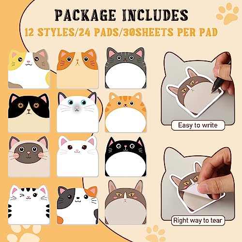 Yinder 24 Pads Cute Cat Sticky Notes Kawaii Animal Sticky Notes Pads Bulk | Fun Cartoon Memo Pad Self Adhesive Tab Back to School Gift for Teacher Student Classroom Veterinary Cat Office Supplies - style: Cats