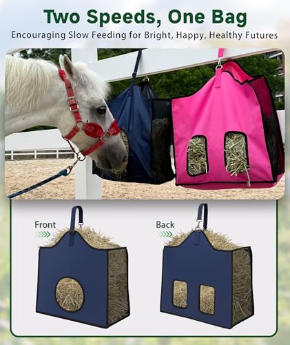 Hay Feeder for Goats and Horses - Slow Feed Design, Heavy Duty Hanging Hay Bag for Barn, Trailer & Paddock, Easy to Hang & Clean(2pcs, Navy Blue) - color: 2pcs-navy blue