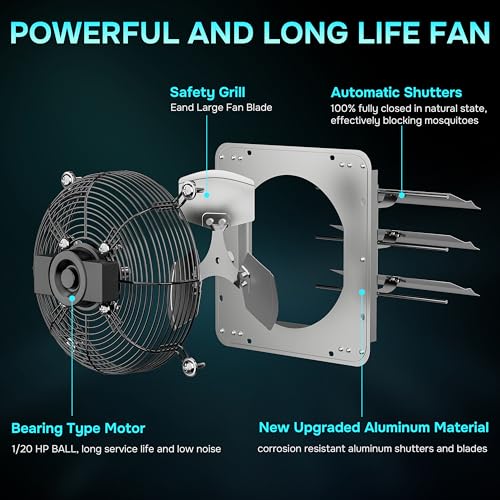 Simple Deluxe 16 Inch Wall Mounted Shutter Exhaust Fan with Temperature Controller and Power Cord Kit, Aluminum, 1200 CFM, 1550 RPM, for Attic, Garage, Louvered Vent, Plant, Greenhouse, Silver - size: 16 Inch