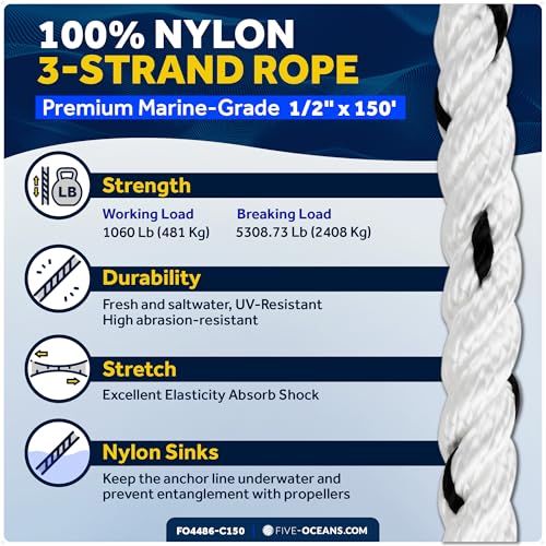 Five Oceans Anchor Line 1/2" x 150', Anchor Rope Line, Marine Premium 3-Strand White Nylon Boat Anchor Rope - Stainless Steel Thimble and Shackle, Ideal for Mooring Anchoring Towing - FO4486-C150 - style: 1/2 inch x 150 ft