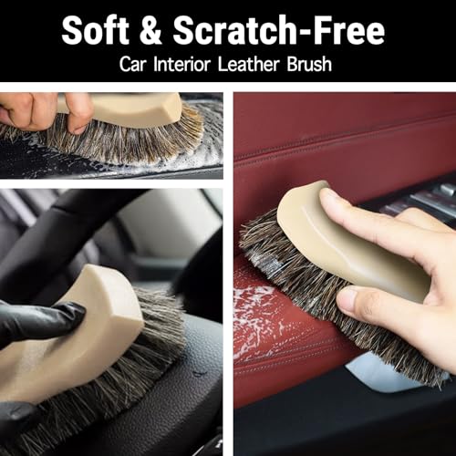 YeewayVeh Leather Cleaning Brush, Long Bristle Horse Hair with Sticker | Soft Car Detailing for Interior Leather Seat & Home Furniture, Scratch-Free & Non-Lint