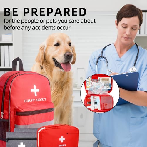 First Aid Bag Empty 4-Piece Set with Large First Aid Backpack, 2 Portable Pouches & Carry Medical Bag for Pet, Car, Travel, Camping, Emergency Supplies Storage (Red Gray)
