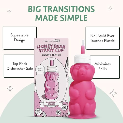 Legendairy Milk Honey Bear Straw Cup Silicone for Babies (Pink), 8 oz. Dishwasher Safe Baby Straw Cup, Food Grade Silicone, Honeybear Sippy Cup for Ages 4+ Months (Pack of 2) - color: Pink