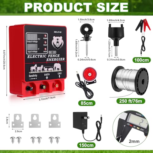 MorningRo 9J Electric Fence Charger Kit, 20 Miles Plug-in Fence with Display & Alarm, Input 12VDC/110-240VAC Output 12KV, 250ft Aluminum Wire 50 Insulators 1 Socket Tool for Livestock Cattle