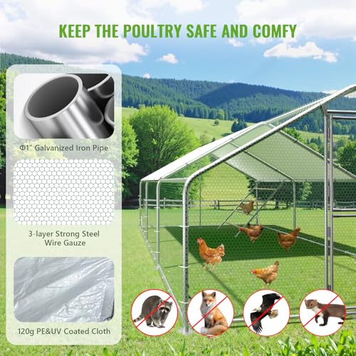 Large Metal Chicken Coop Runs for Yard with Cover, 10x20x6.5 | Perch Bars, Split Doors, Waterproof Covers, Mesh Wire - size: 236.2"L x 118.1"W x 78.7"H