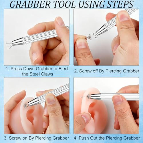 2Pcs Piercing Ball Grabber Tool for Changing Jewelry, Stianless Steel Flat Back Earring Applicator Internally Threaded Push Pin Piercing Grabber Tool - color: Silver-F