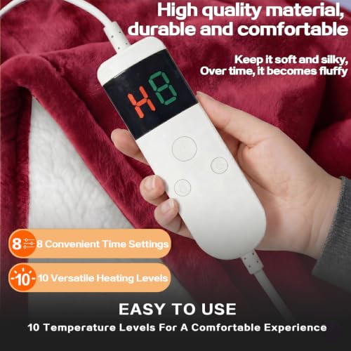 Wearable Heated Blanket With Sleeves & Foot Pocket, Heated Throw Blankets Fast Heating Blanket With 10 Heat Settings Auto Shut Off Over-Heat Protection-Warm Gift, Machine Washable, 52”*72”+18” - color: Red