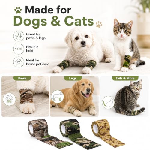 3 Pack Camo Pet Self Adhesive Bandage Wrap 2 Inch x 5 Yards Cohesive Tape for Dogs Cats Animals Wound Care Sprains and Swelling