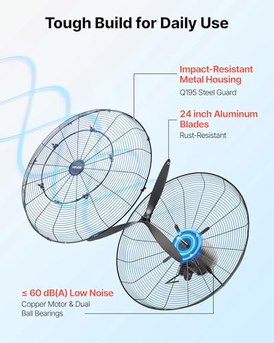 VEVOR Wall Mount Fan, 24 in Wall Mounted Hanging Fan with Oscillating & Mist, IP44-rated, 3-Speed, Powerful Air Reach, Mechanical Control, Long Airflow for Industry, Commercial, Garage, Workshop