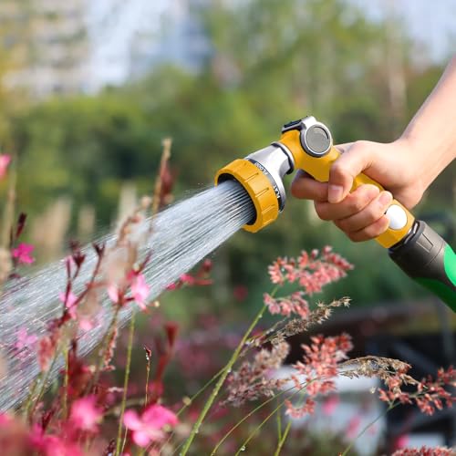 RESTMO Heavy Duty Hose Nozzle, Metal Garden Water Hose Sprayer | 7 Watering Patterns, Thumb Control, On Off Valve, Leak Proof Nozzle Sprayer for Watering Plants, Car & Pet Washing, Yellow - color: Yellow