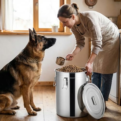 Lounsweer 2 Pack Stainless Steel Dog Food Storage Container with Lid and Locking Clamp Metal Airtight Container Large Stainless Steel Bucket with Food Scoop for Pet Feed(12 L) - size: 12 L