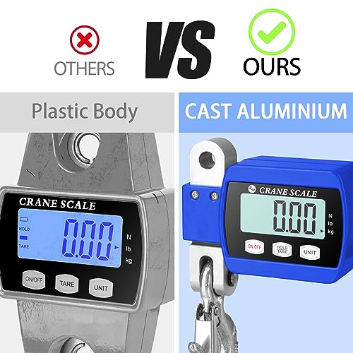 RoMech 1100lb Digital Hanging Scale with Cast Aluminum Case, Handheld 500Kg Mini Crane Scale with Hooks for Farm Hunting Outdoor (Blue, 1100lbs) | 500KG Heavy Capacity, High Accuracy Weighing, kg/lb/N Unit Conversion, Suitable for Fishing, Farm, Hunting -