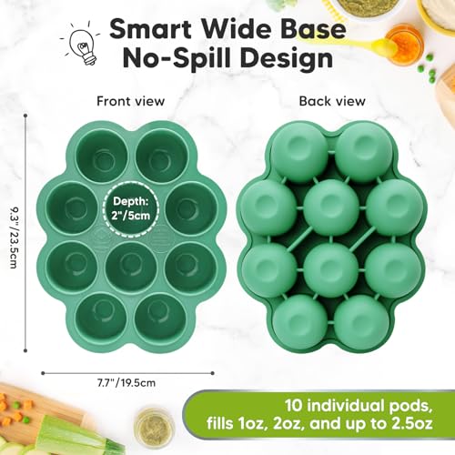 KeaBabies Silicone Food Freezer Trays with Lid, 2oz x 10 Pods(Alpine Green) | Baby Food Storage Containers, Easy Puree Meal Prep, Breast Milk Silicone Freezer Molds, Dishwasher, Microwave Safe, BPA-Free - color: Alpine Green