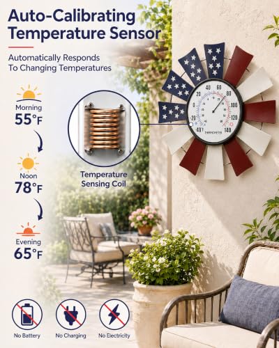 Patriotic Windmill Outdoor Thermometer, 13" Metal Wall Decor | 6.3" Easy-Read Dial, Auto-Calibrating Sensor Coil, Battery-Free Operation, -40°F to 140°F Range, Weather-Resistant