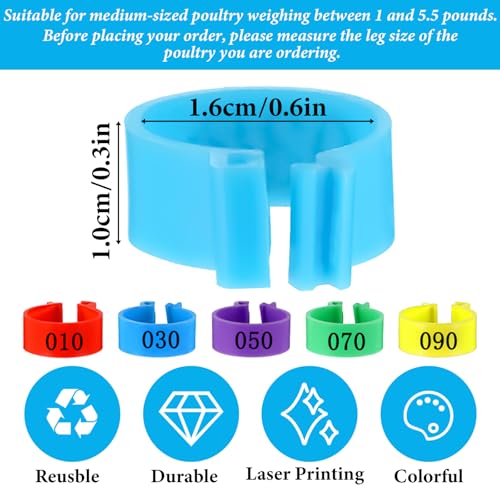 100 PCS Chicken Leg Bands, 16mm Plastic Chicken Bands, Color-Coded Numbered Poultry Identification Rings for Chickens Ducks Medium Birds, Easy Snap on Ankle Band for Flock ManagementManagement