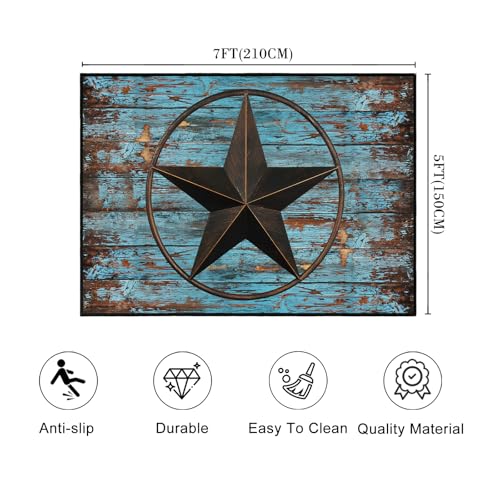 Western Area Rug 5x7,Rustic Barn Texas Star on Old Wooden Plank,Teal Rugs for Living Room,Ultra-Thin Washable Throw Carpet Indoor Non Slip Accent Floor Mats for Bedroom,Dining Room,Laundry Room,Office - size: 5'x7'