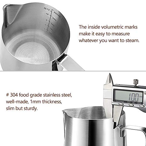HOOMIL Milk Frothing Pitcher, 12oz/20oz/32oz 304 Stainless Steel | Steaming Pitcher with Clear Scale, Barista Milk Frother Cup Jug for Espresso Machine Coffee Cappuccino Latte Art - 12oz - color: Silver, size: 12 Ounces