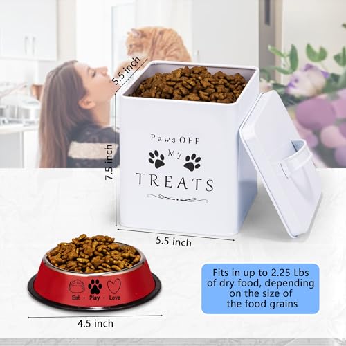 Meraki Home Farmhouse Cat Food and Treats Containers + Feed Scoop + Pet Food Bowl - Tight Lids - Large Metal Storage Bin - Great Gift for Cute Pets (Glossy White) - color: Glossy White