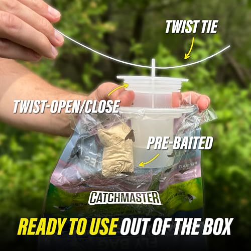 Catchmaster Disposable Outdoor Fly Trap, 2 Hanging Bags with Bait | Catches house, bottle & blowflies, Holds up to 30,000 flies, Food-based lure, no spray needed, For backyards, patios & decks
