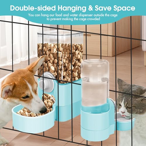 Hanging Cage Auto Small Pet Feeder Waterer Set for Puppy Cats, Blue | 1.2L Self-Feeding Feeder, 0.52L Waterer Set, Non-Spill Auto Gravity Kennel Feeding Station For Puppy Cats Rabbit Ferret - color: Sky Blue