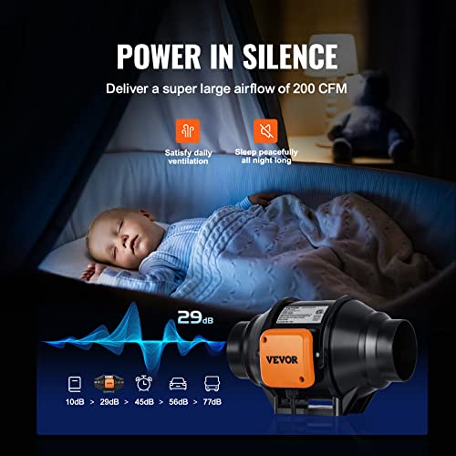 VEVOR Inline Duct Fan, 4-Inch 200 CFM with Variable Speed Controller, Quiet AC-Motor Ventilation Exhaust Fan for Cooling Booster, Grow Tents, Hydroponics - size: 4" Fan & Variable Speed Controller
