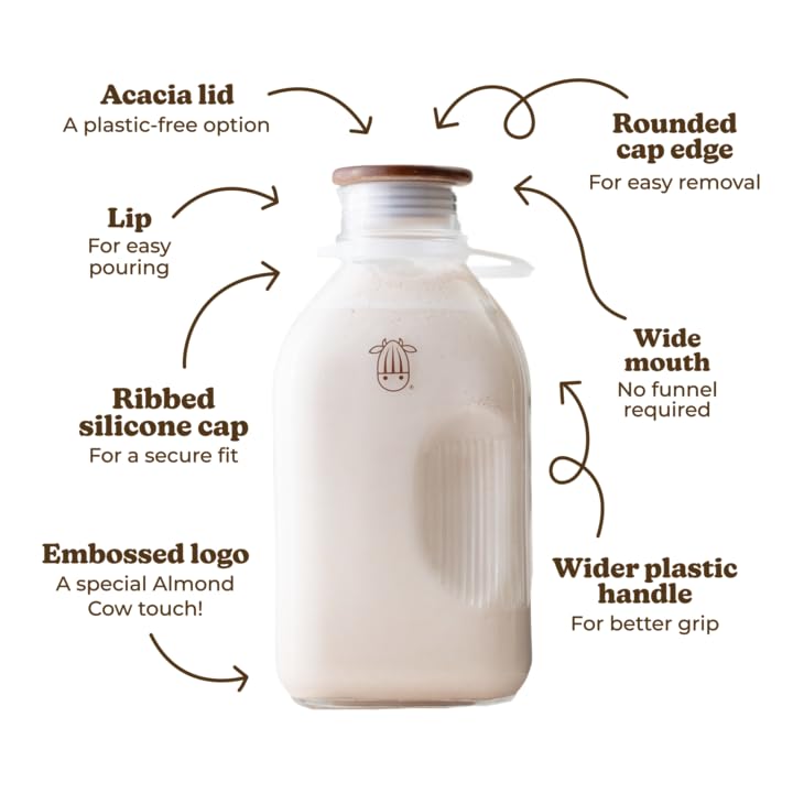 Almond Cow - Glass Pitcher with Lid and Spout, Glass Bottle Milk Container for Refrigerator, Clear Milk Jar Bottles, Food-Grade Liquid Container - 60 fl oz Capacity, 5 x 4 x 10 Inches