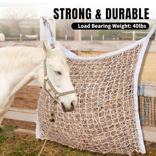Slow Feed Hay Nets for Horses, Large Capacity Hay Bags, 2 Pack | 35 x 31 in, includes 4 carabiners,White, heavy duty, hay feeder for horses and goats, easy to hang in stalls and trailers - size: 2PCS-White