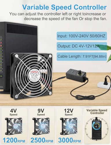 Wathai 120mm Waterproof Small Box Fan IP67 12V Computer Fan AC 110v 120v | Dual Ball Fan with AC Plug DC 12V to AC 110V 240V Speed Controller for Biltong Box Grow Tent Terrarium Aquarium Greenhouse - style: IP67 120mm fan with Controller