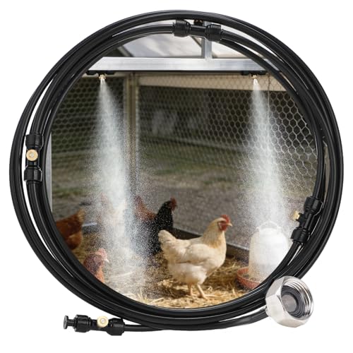 16.4ft Pre-Assembled Chicken Coop Misting System for Cooling Poultry | MADHOLLY Easy to Install, Leak-Resistant Mist Hose Kit, with 3/4" Adapter, 4 Brass Nozzles, Filter Gasket Accessories