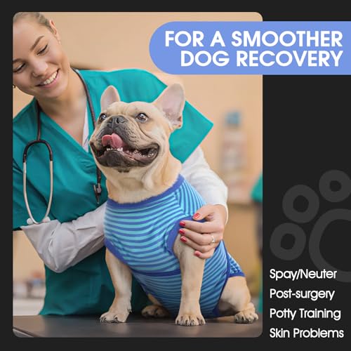 Recovery Suit for Dogs After Surgery,Soft Breathable Dog Bodysuit | E-Collar & Cone Alternative Surgical Suit,Male Female Dog Neuter Spay Suits Anti Licking Wounds Onesie Navy Blue Strips XS - color: Navy Blue Stripes, size: Xs(back:8.3-11.4in,wt:4-7lbs)