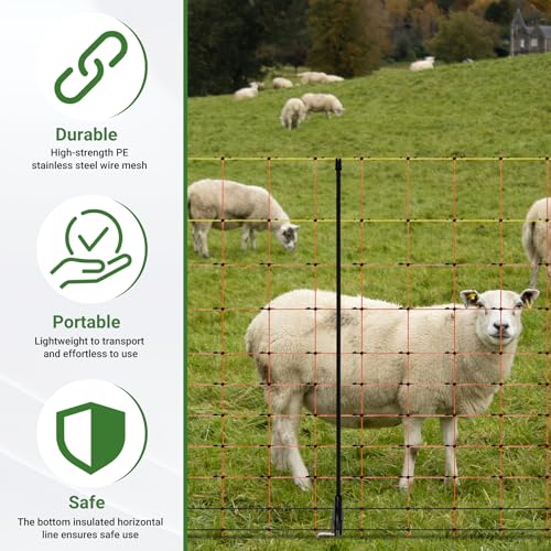 Electric Fence Netting 42.5" H x 164'L | with Posts and Double-Spiked Stakes, Portable Livestock Nets for Backyards, Homesteads, Gardens, Farms, and Ranches - size: 42.5"H x 164'L