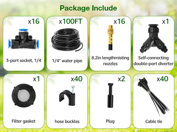Bluepro Drip Irrigation System 100FT 1/4", 2026-Upgrade Garden Sprinkler Kit with 16PCS 360° Adjustable Copper Nozzles, Automatic Misting Watering System for Raised Beds, Greenhouse, Lawn, Patio, Yard - size: 100FT