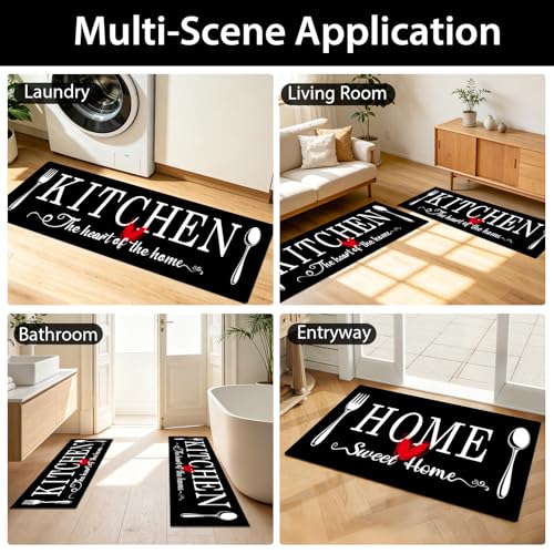 Kitchen Rugs Set 3 Piece, Non Slip Black Kitchen Mats for Floor, Soft Fabric with Rubber Backing, Farmhouse Anti Fatigue Runners Carpet for Home Kitchen Laundry Room Hallway (Black) - color: Black