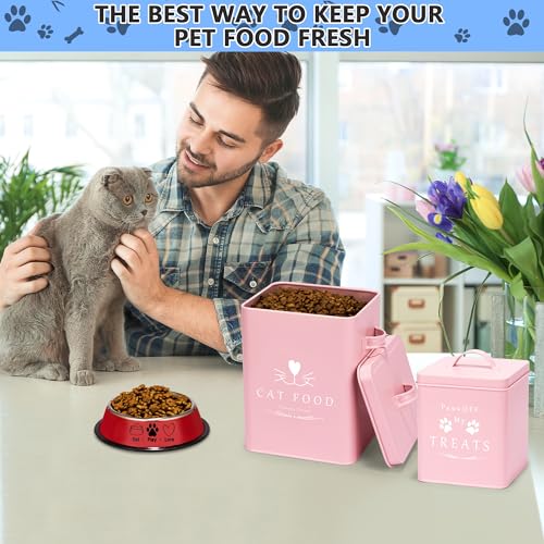 Meraki Home Farmhouse Cat Food and Treats Containers + Feed Scoop + Pet Food Bowl - Tight Lids - Large Metal Storage Bin - Great Gift for Cute Pets (Matte Pink) - color: Pink