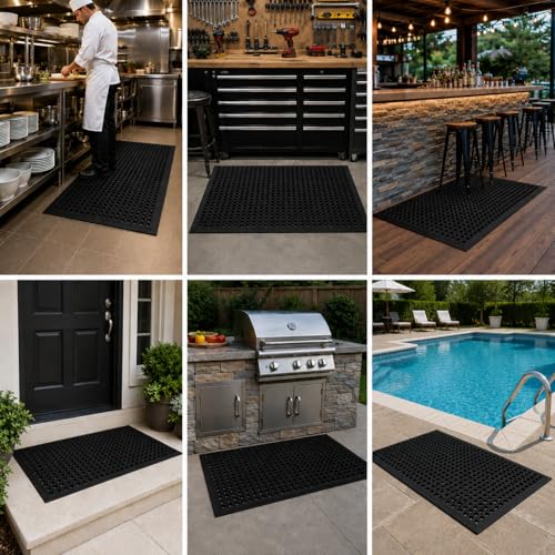UNIMAT-Anti-Fatigue Outdoor Rubber Drainage with Non-Slip Backing Heavy Duty Mat for Restaurant Industrial Use-3'x 5' Black Mat-Ideal Bar Accessory | Non-Slip Backing, Heavy Duty, Restaurant Industrial Use, Ideal Bar Accessory