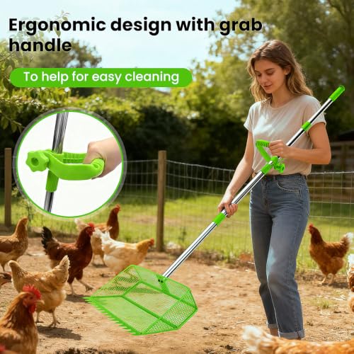 2026 Upgraded 2-in-1 Chicken Poop Scooper & Rake with Handle, 12inch Heavy-Duty Metal Chicken Coop Scoop for Sand Sifting Shovel Litter Scooper for Farm House Chicken Coop Cleaning Tools Accessories - color: Green