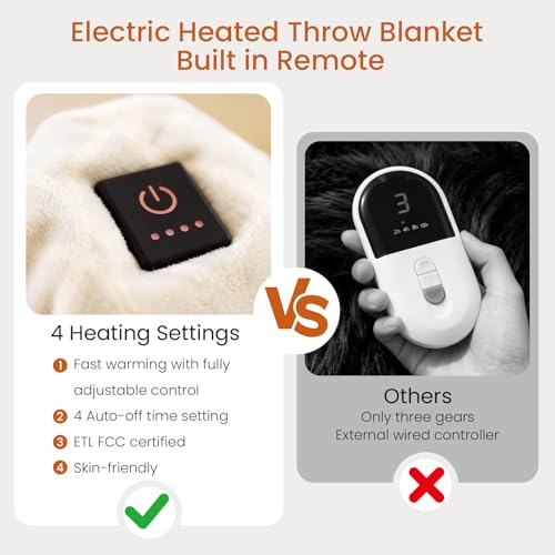 Heated Throw Blanket with Built-in Button Controller 50"x60" Electric Blanket with Soft Flannel Sherpa Fleece 4 Heat Settings 4-Hour Auto Shut Off Overheat Protection for Couch Bed and Office - color: White, size: Throw