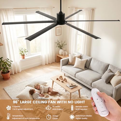 Newday 96Inch Large Industrial Ceiling Fan with Light Remote, Reversible DC | 11500 CFM HVLS, 6 aluminum blades, heavy-duty airflow, large space cooling for commercial shop, barn, patio - size: 96 Inch