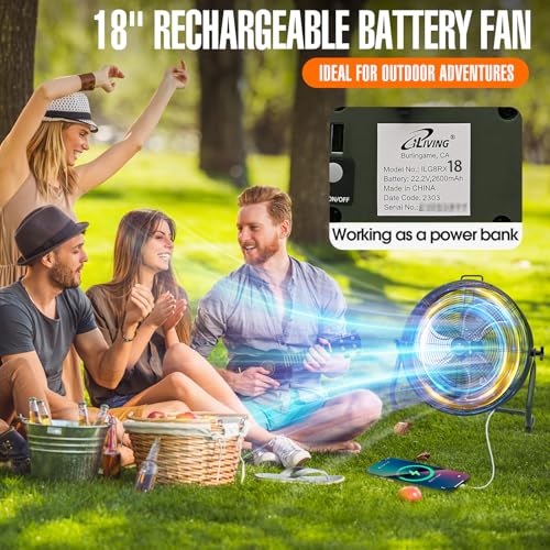 iLiving 18" Rechargeable Battery Operated Camping Floor Fan, High Velocity Portable Outdoor Fan with Metal Blade, With Built-in Lithium Battery for Whole Day Usage, 18 Inches, Military Green - size: 18 In