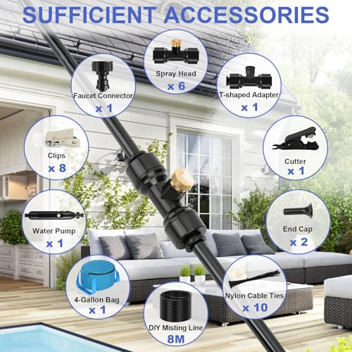 Portable Misting System with Pump, DIY 26FT(8M) Misting Line & 6 Brass Nozzles, 4-Gallon Water Bag, USB Rechargeable (4500mAh) Outdoor Cooling System for Patio, Camping, Golf Cart, Canopy