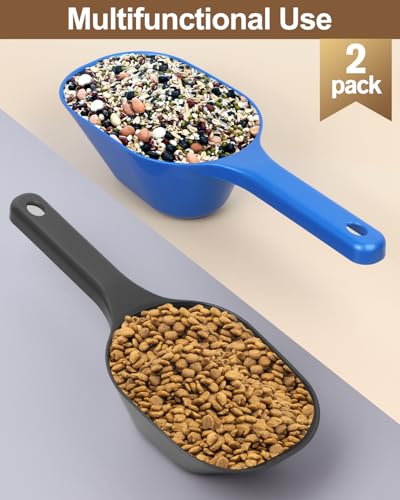 2 PACK Dog Food Scoop, 1 Cup Pet Food Scoop With Measuring Lines | Black and Blue, Clear Markings for Precise Measuring 1/2 and 1 Cup Line,Dishwasher Safe,Plastic,Portable and Sturdy - color: Black and Blue